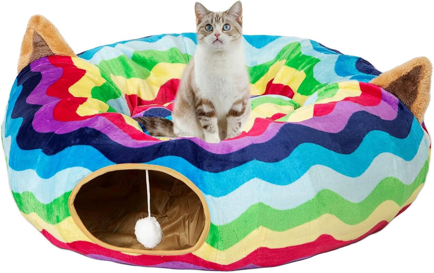 Large Cat Tunnel Bed with Plush Cover & Fluffy Toy Balls, Small Cushion – 10" Diameter, 3 Ft Length, Flexible Design for Cats & Small Dogs, Gray Geometric Pattern