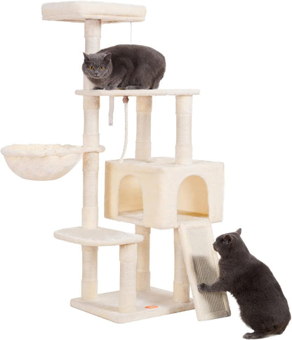  Multi-Level Cat Tree Tower with Scratching Board & Feeding Bowl - Indoor Cat Furniture Condo