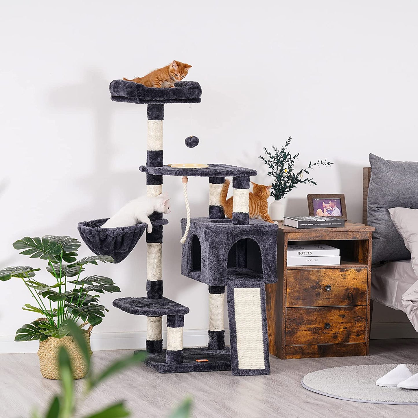  Multi-Level Cat Tree Tower with Scratching Board & Feeding Bowl - Indoor Cat Furniture Condo