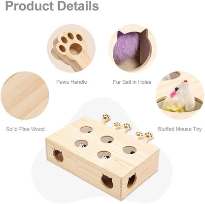 Interactive Whack-a-Mole Cat Toy – Solid Wood Kitten Catch Mice Game