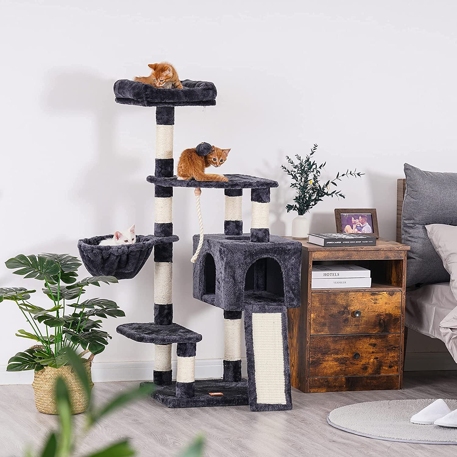  Multi-Level Cat Tree Tower with Scratching Board & Feeding Bowl - Indoor Cat Furniture Condo