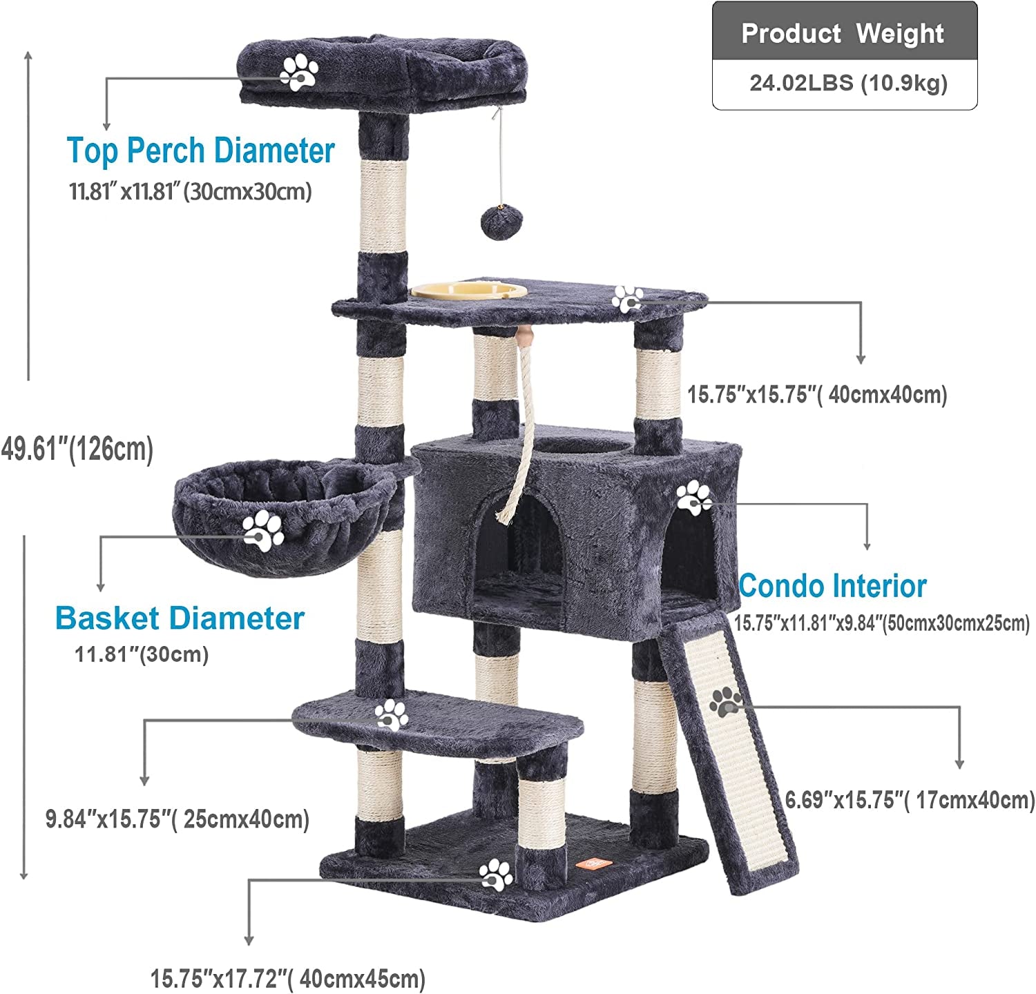  Multi-Level Cat Tree Tower with Scratching Board & Feeding Bowl - Indoor Cat Furniture Condo