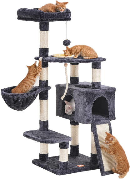  Multi-Level Cat Tree Tower with Scratching Board & Feeding Bowl - Indoor Cat Furniture Condo