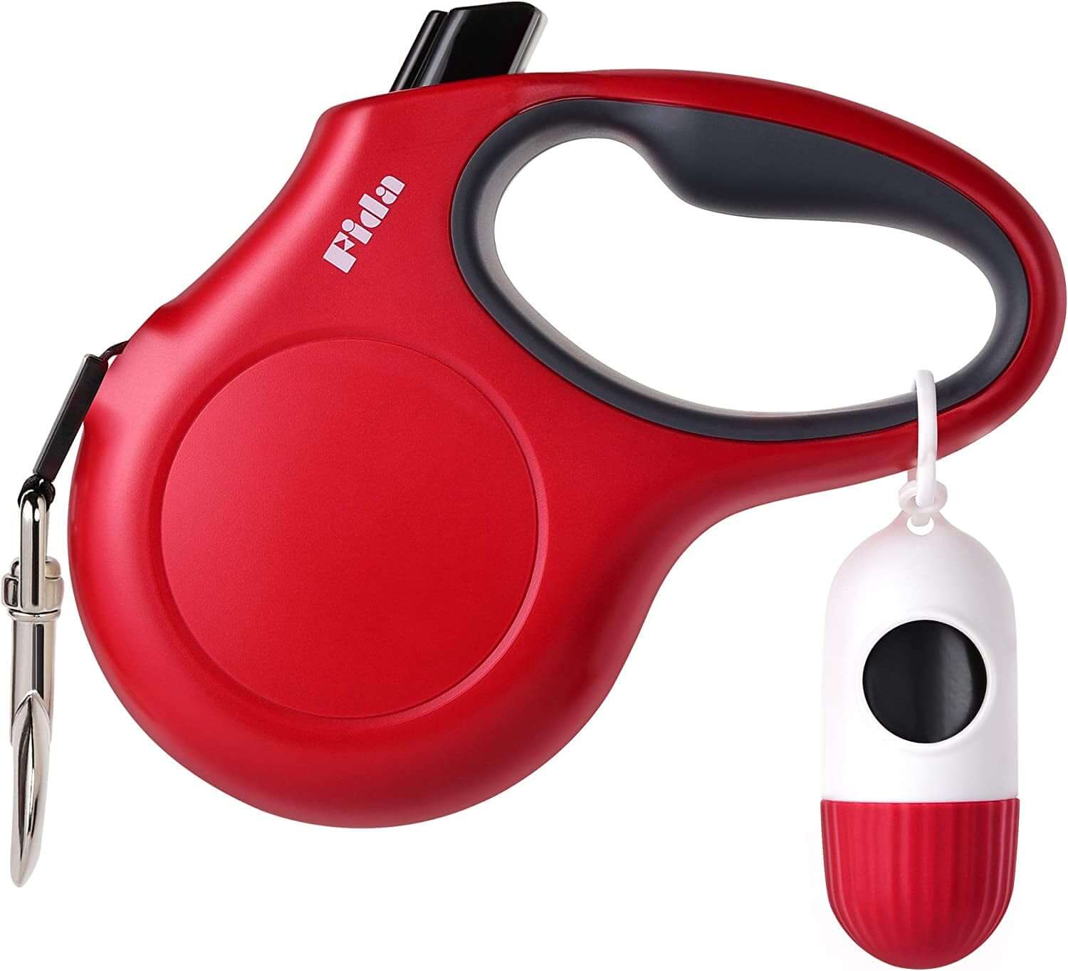 16 Ft Retractable Dog Leash with Poop Bag Dispenser - Tangle-Free Reflective Nylon Tape, Anti-Slip Handle, for Medium Dogs & Cats up to 44 lbs (M, Red)