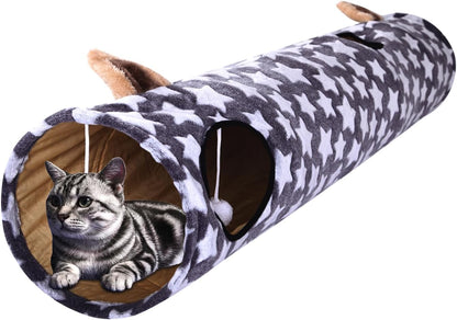 Large Cat Tunnel Bed with Plush Cover & Fluffy Toy Balls, Small Cushion – 10" Diameter, 3 Ft Length, Flexible Design for Cats & Small Dogs, Gray Geometric Pattern