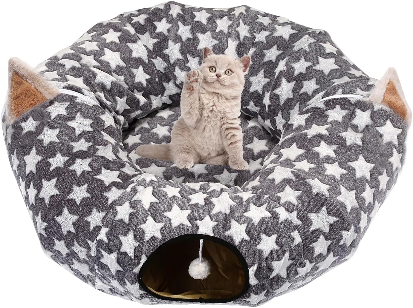 Large Cat Tunnel Bed with Plush Cover & Fluffy Toy Balls, Small Cushion – 10" Diameter, 3 Ft Length, Flexible Design for Cats & Small Dogs, Gray Geometric Pattern