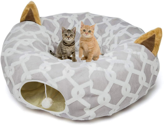 Large Cat Tunnel Bed with Plush Cover & Fluffy Toy Balls, Small Cushion – 10" Diameter, 3 Ft Length, Flexible Design for Cats & Small Dogs, Gray Geometric Pattern