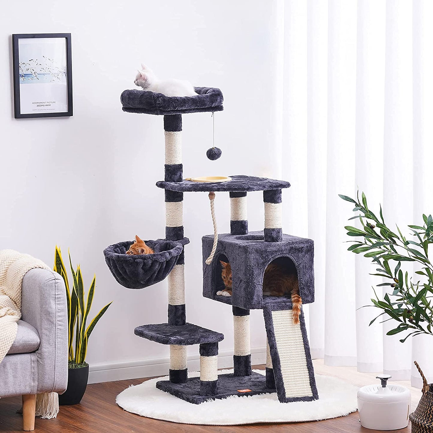  Multi-Level Cat Tree Tower with Scratching Board & Feeding Bowl - Indoor Cat Furniture Condo