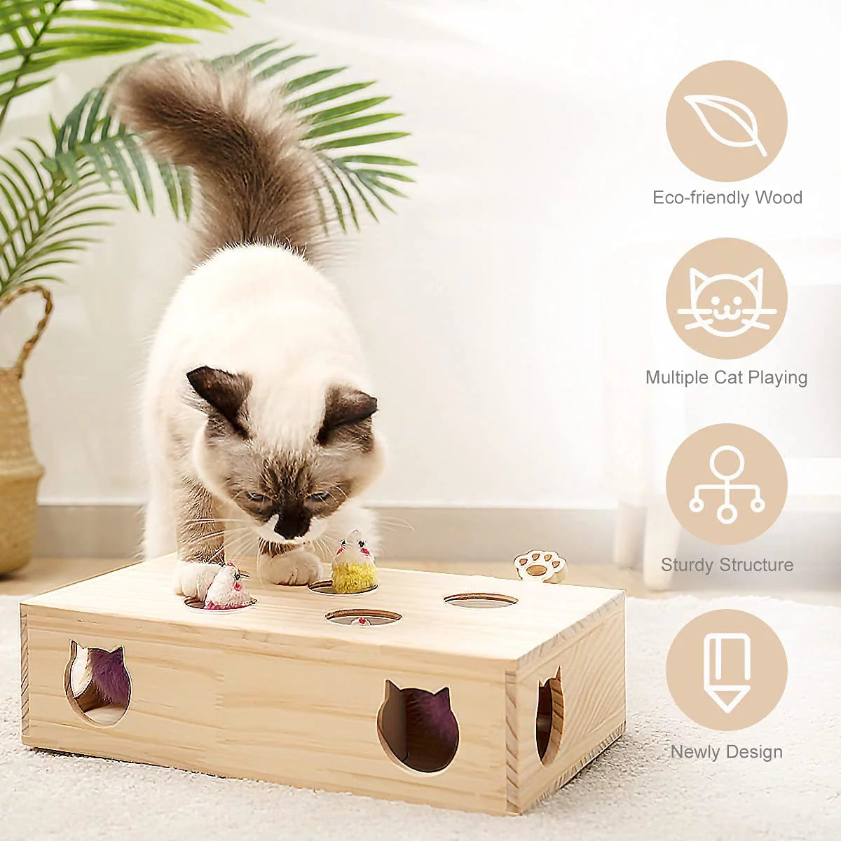 Interactive Whack-a-Mole Cat Toy – Solid Wood Kitten Catch Mice Game