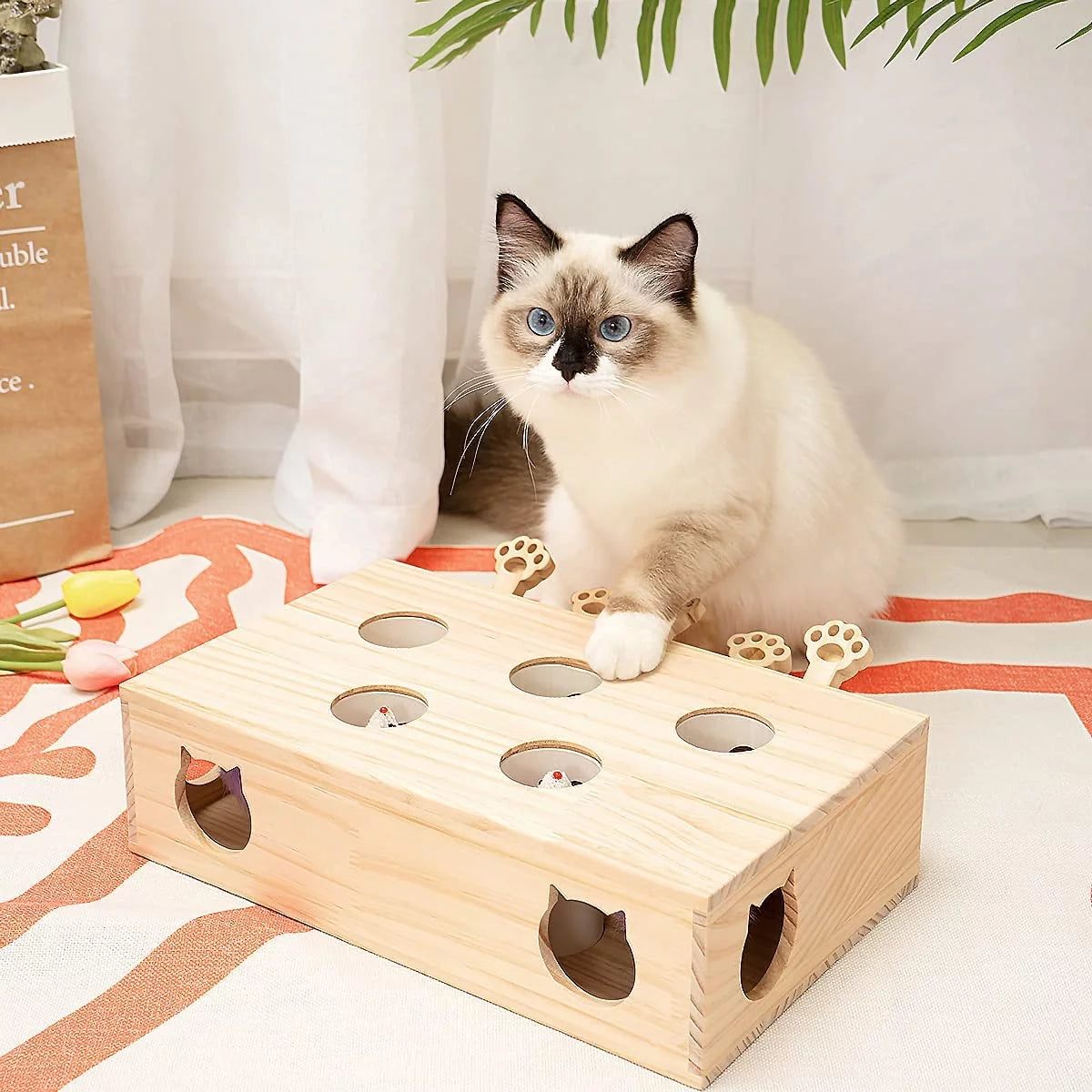 Interactive Whack-a-Mole Cat Toy – Solid Wood Kitten Catch Mice Game