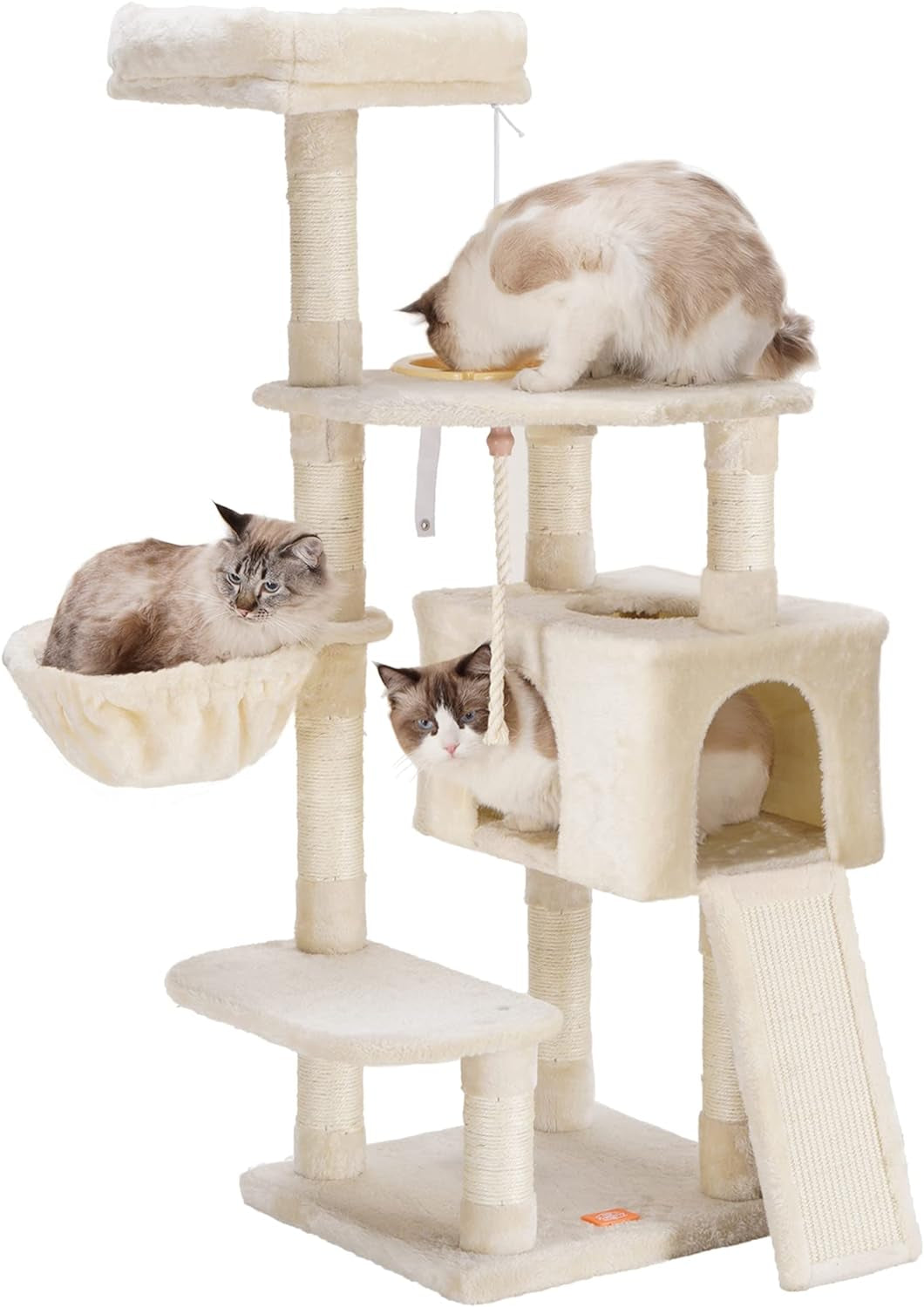  Multi-Level Cat Tree Tower with Scratching Board & Feeding Bowl - Indoor Cat Furniture Condo