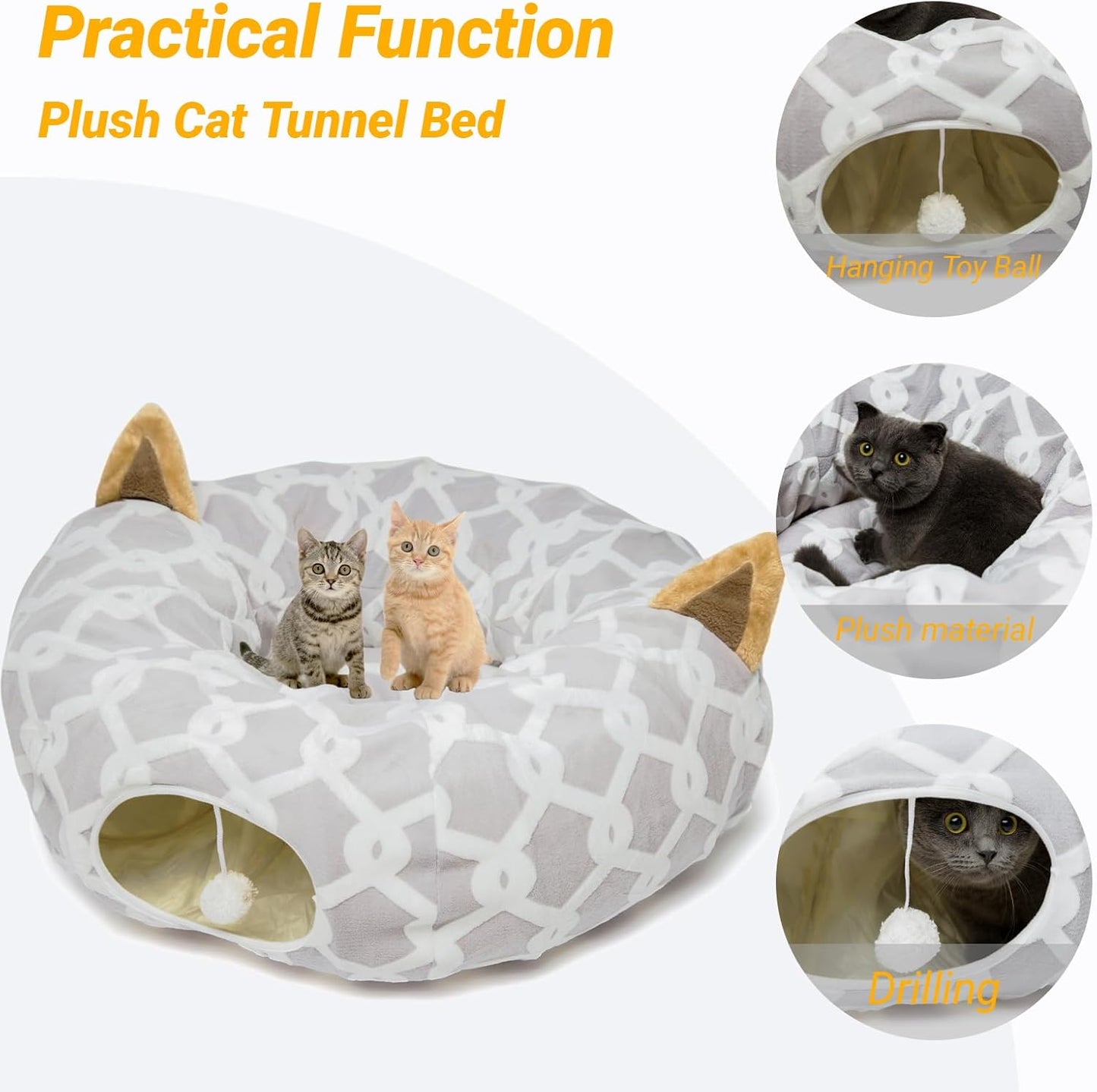 Large Cat Tunnel Bed with Plush Cover & Fluffy Toy Balls, Small Cushion – 10" Diameter, 3 Ft Length, Flexible Design for Cats & Small Dogs, Gray Geometric Pattern