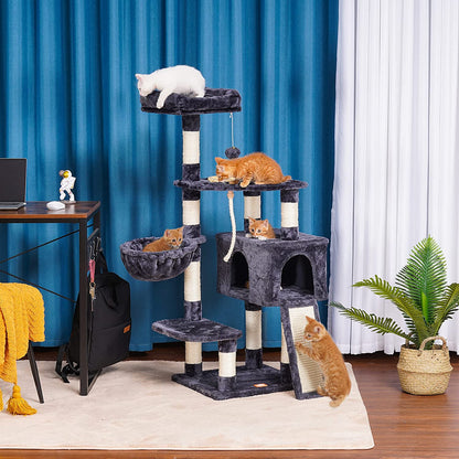  Multi-Level Cat Tree Tower with Scratching Board & Feeding Bowl - Indoor Cat Furniture Condo