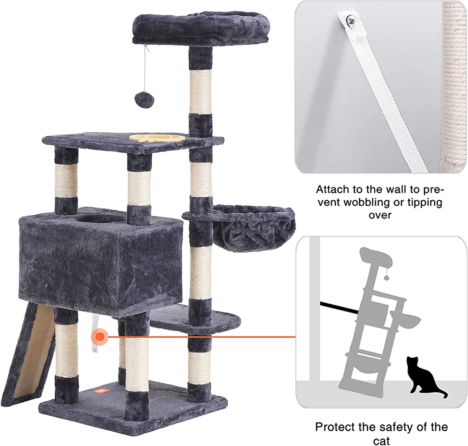  Multi-Level Cat Tree Tower with Scratching Board & Feeding Bowl - Indoor Cat Furniture Condo