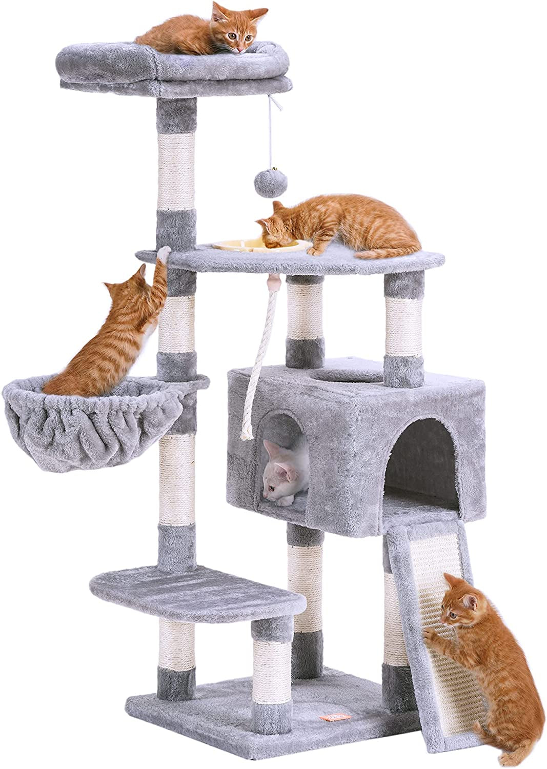  Multi-Level Cat Tree Tower with Scratching Board & Feeding Bowl - Indoor Cat Furniture Condo