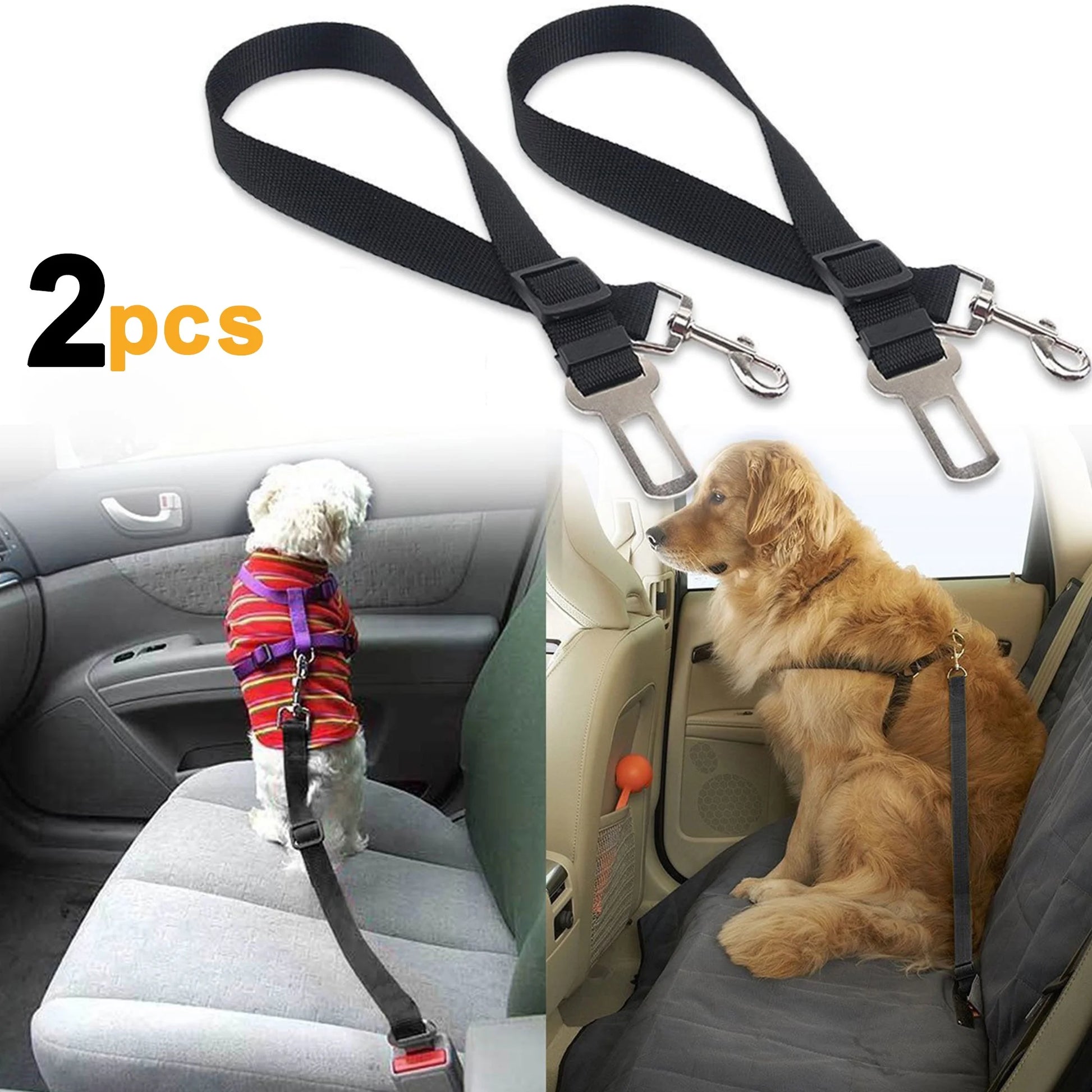 Adjustable Pet Car Seat Belts (2-Pack) - Vehicle Safety Harness for Dogs & Cats, Black Nylon