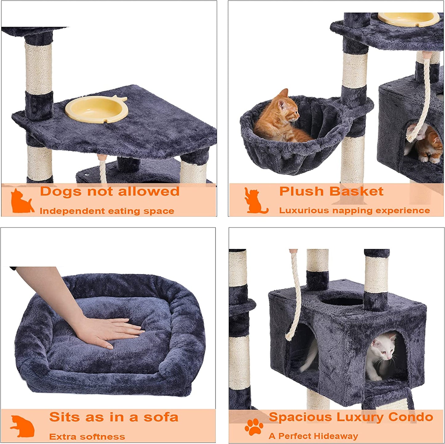  Multi-Level Cat Tree Tower with Scratching Board & Feeding Bowl - Indoor Cat Furniture Condo