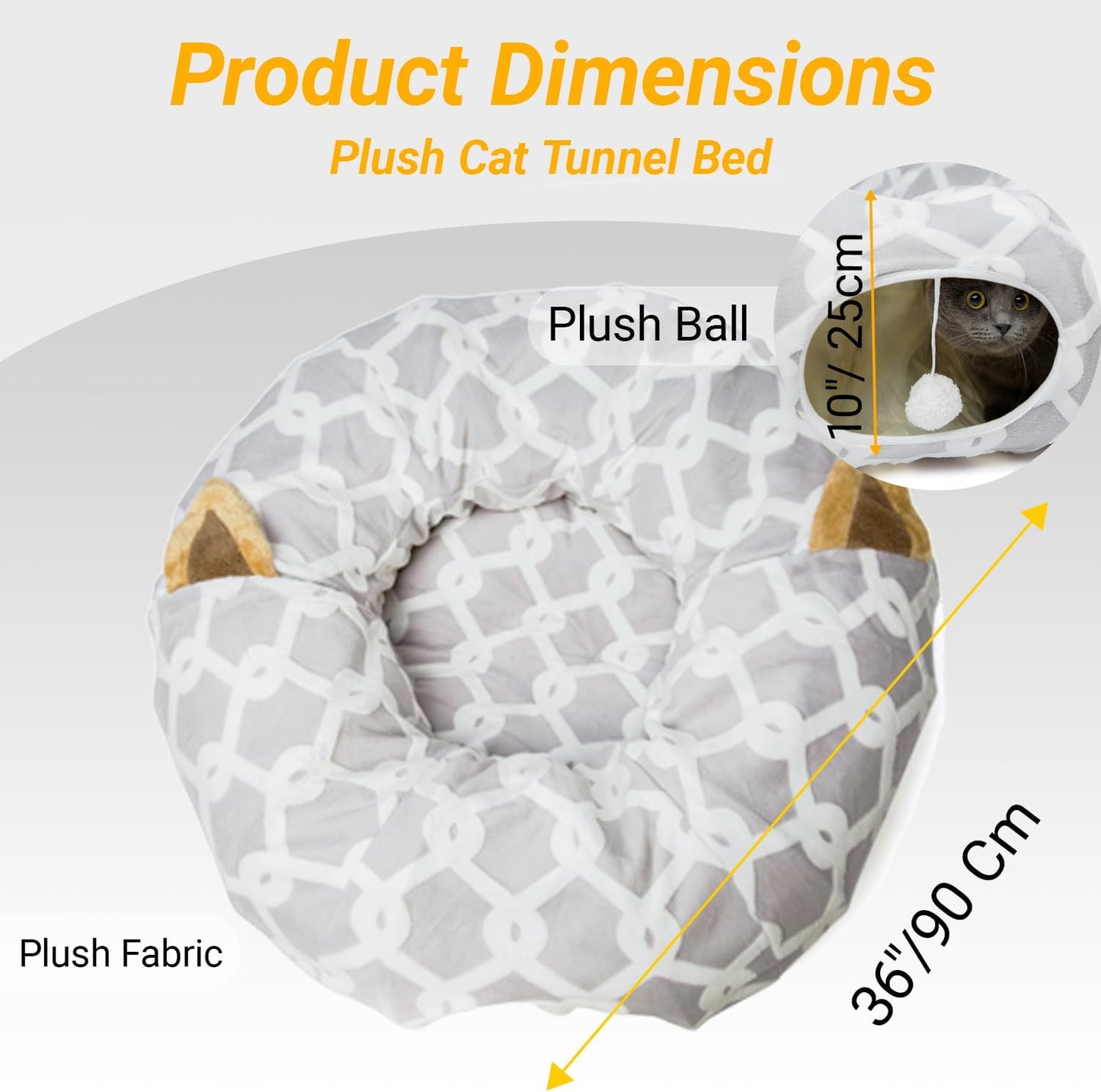 Large Cat Tunnel Bed with Plush Cover & Fluffy Toy Balls, Small Cushion – 10" Diameter, 3 Ft Length, Flexible Design for Cats & Small Dogs, Gray Geometric Pattern