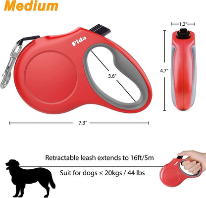 16 Ft Retractable Dog Leash with Poop Bag Dispenser - Tangle-Free Reflective Nylon Tape, Anti-Slip Handle, for Medium Dogs & Cats up to 44 lbs (M, Red)