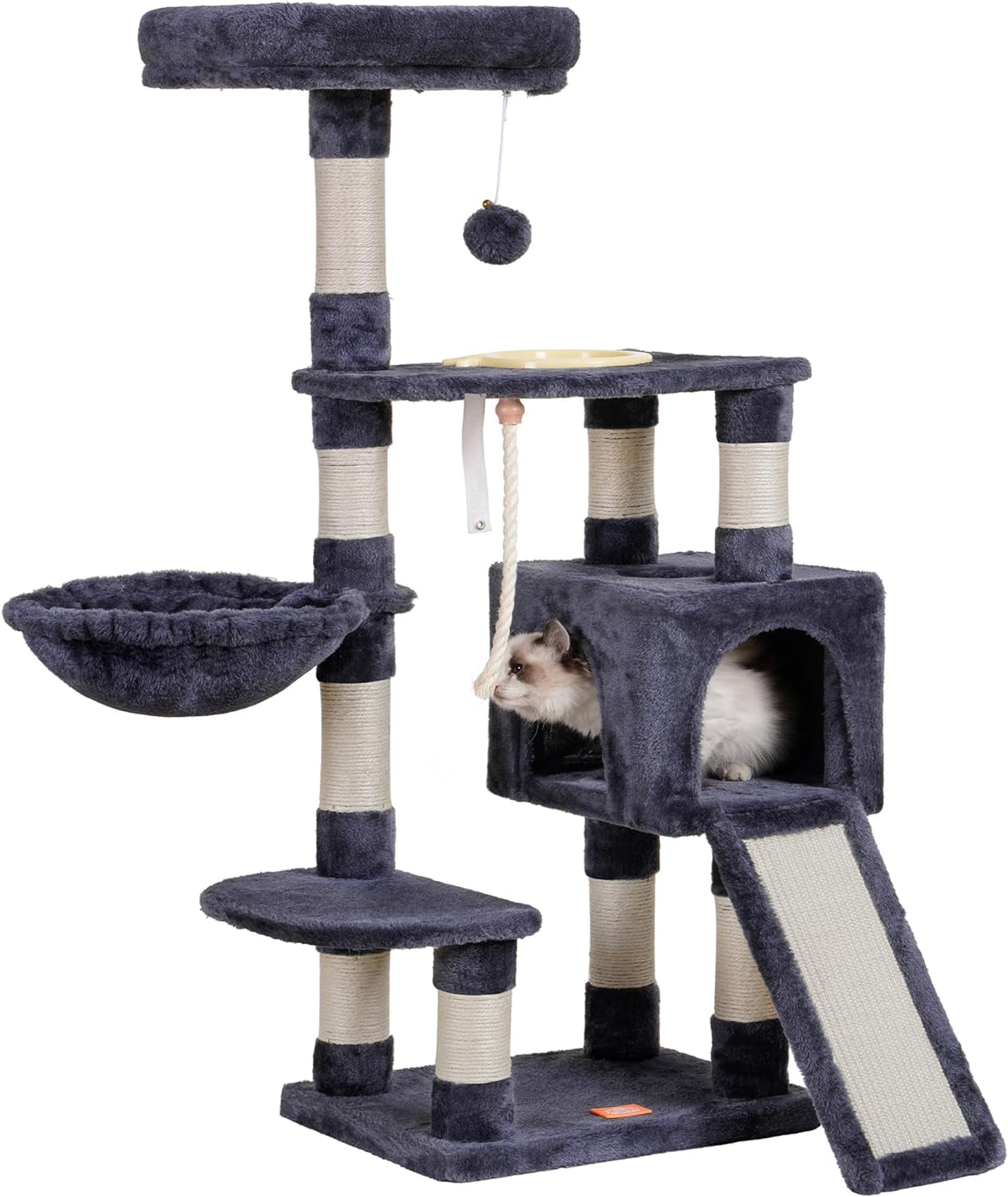  Multi-Level Cat Tree Tower with Scratching Board & Feeding Bowl - Indoor Cat Furniture Condo