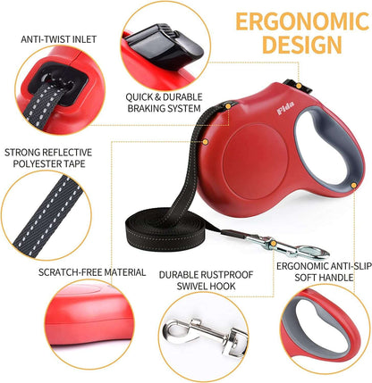 16 Ft Retractable Dog Leash with Poop Bag Dispenser - Tangle-Free Reflective Nylon Tape, Anti-Slip Handle, for Medium Dogs & Cats up to 44 lbs (M, Red)