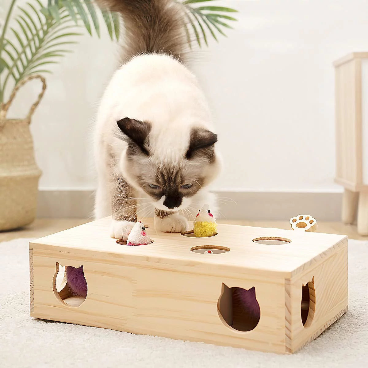 Interactive Whack-a-Mole Cat Toy – Solid Wood Kitten Catch Mice Game